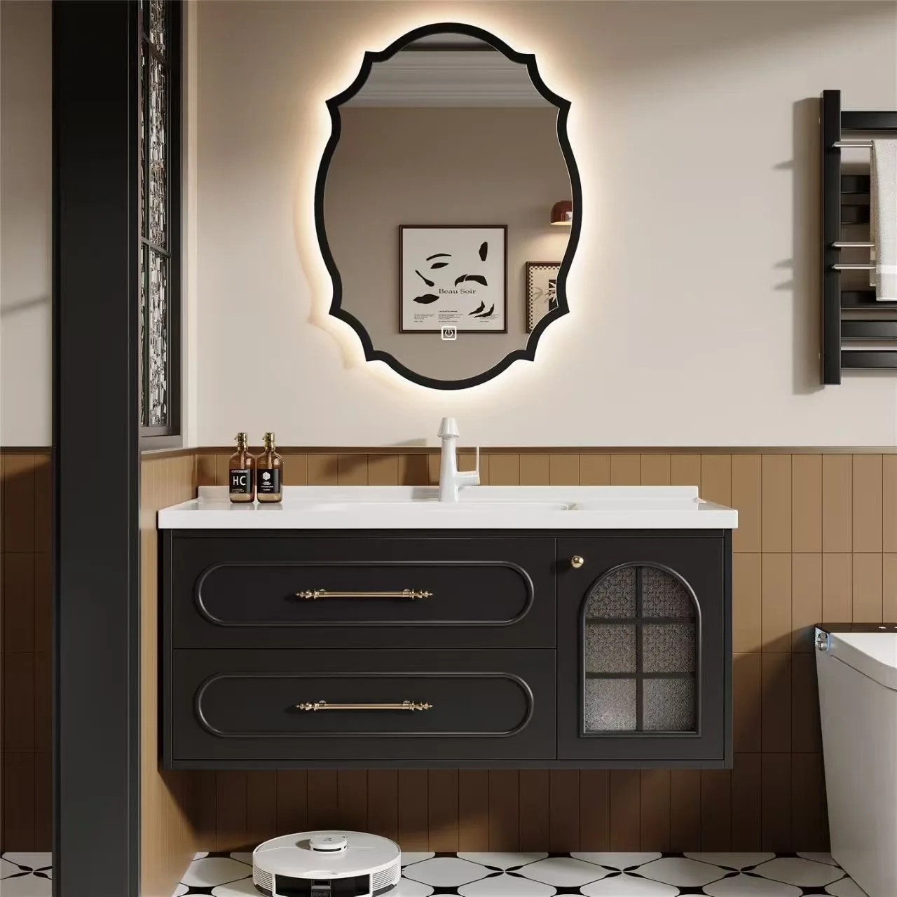 French Oak Door Retro Bathroom Cabinet Combined Integrated Sink Wash Basin Toilet Ceramic Bathroom