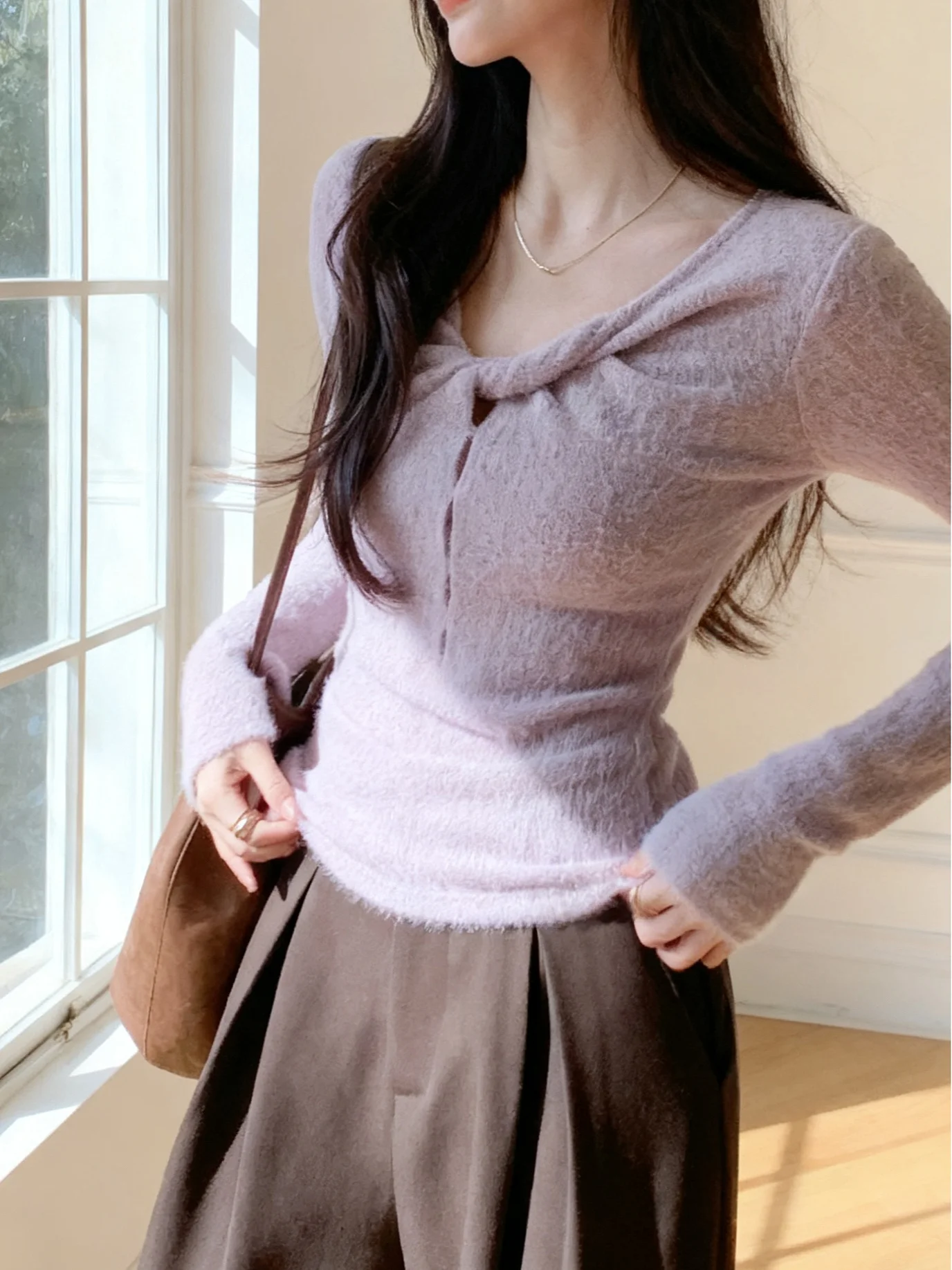 

Модный вязаный женский свитер Lav Purple, белый, улучшающий, удобный, ленивый, осенне-зимний, Новое поступление, одинарный...