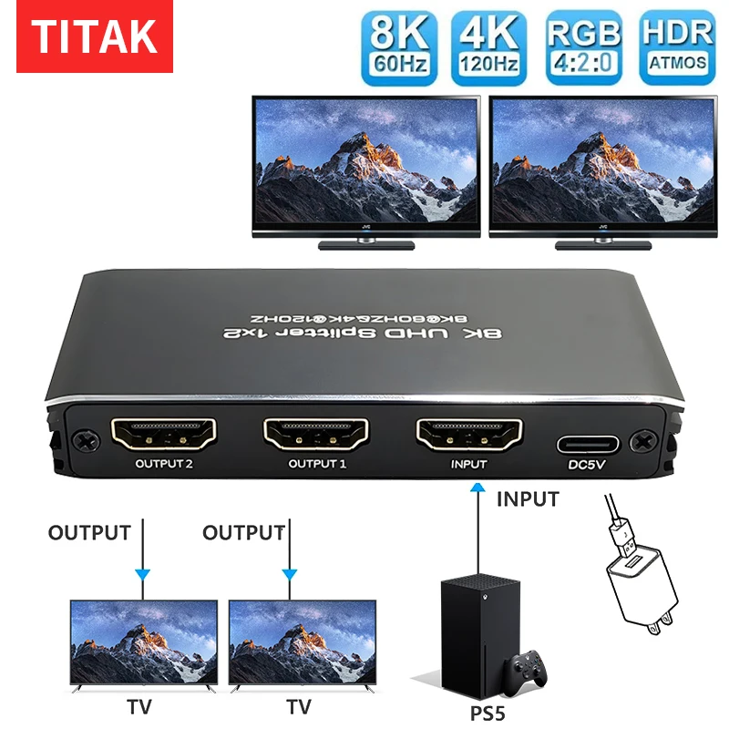 8K 60Hz HDMI-compatible Splitter 1 In 2 Out 4K 120Hz HDMI-compatible 2.1 ALLM HDR VRR EDID for PS5 XBOX PC Monitor