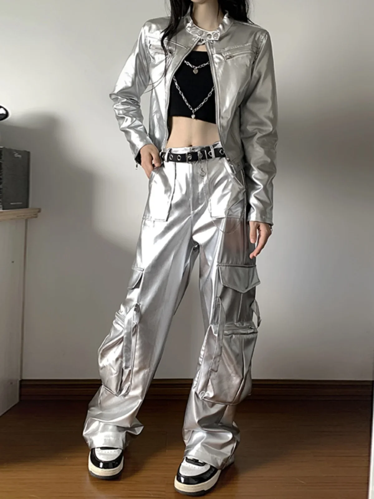 Spice Girl Silver Long Sleeve Short Jacket Overalls Performance Suit DS Women's Hip Hop Modern Dance Practice Suit