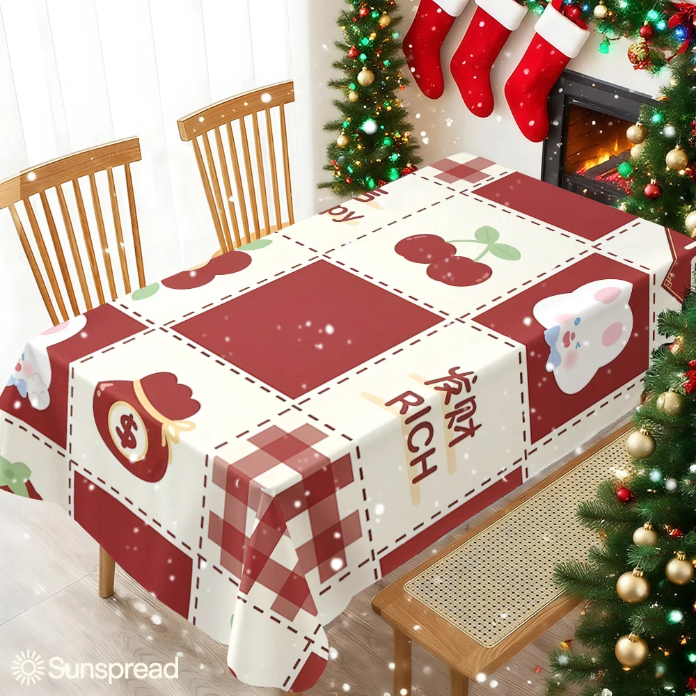 Burgundy Cute Rabbit Cherry Table Cloth Waterproof Tablecloth Spill Proof Table Cloth, Wipe Clean Table Cloth for Dining Camping