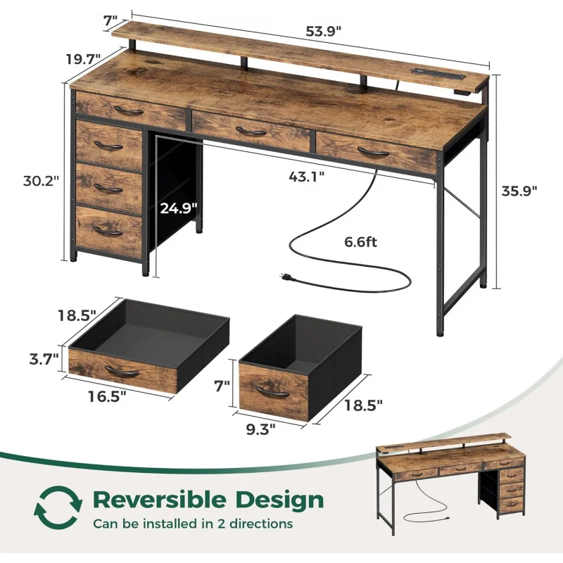 Gaming Desk with 6 Drawers, Computer Desk with LED Lights Power Outlets and Type-C, 55 Inch Office Desk with Storage, Monitor St