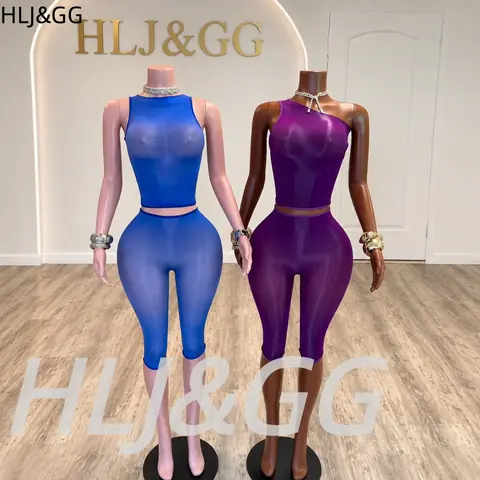 HLJ&GG Sexy See Through Mesh One Shoulder Two Piece Sets Women Sleeveless Slim Crop Top And Shorts Stretchy Outfits Streetwear