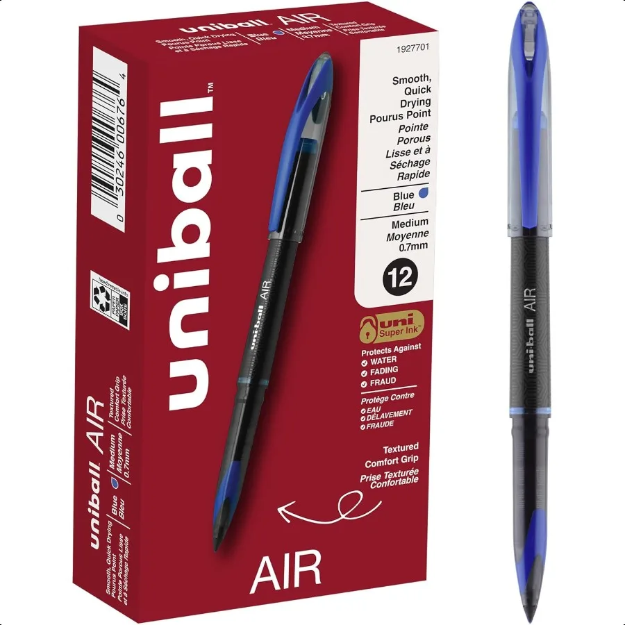 

Air Porous Roller Ball Pen Stick Medium 0.7 Mm Blue Ink Black Barrel Dozen