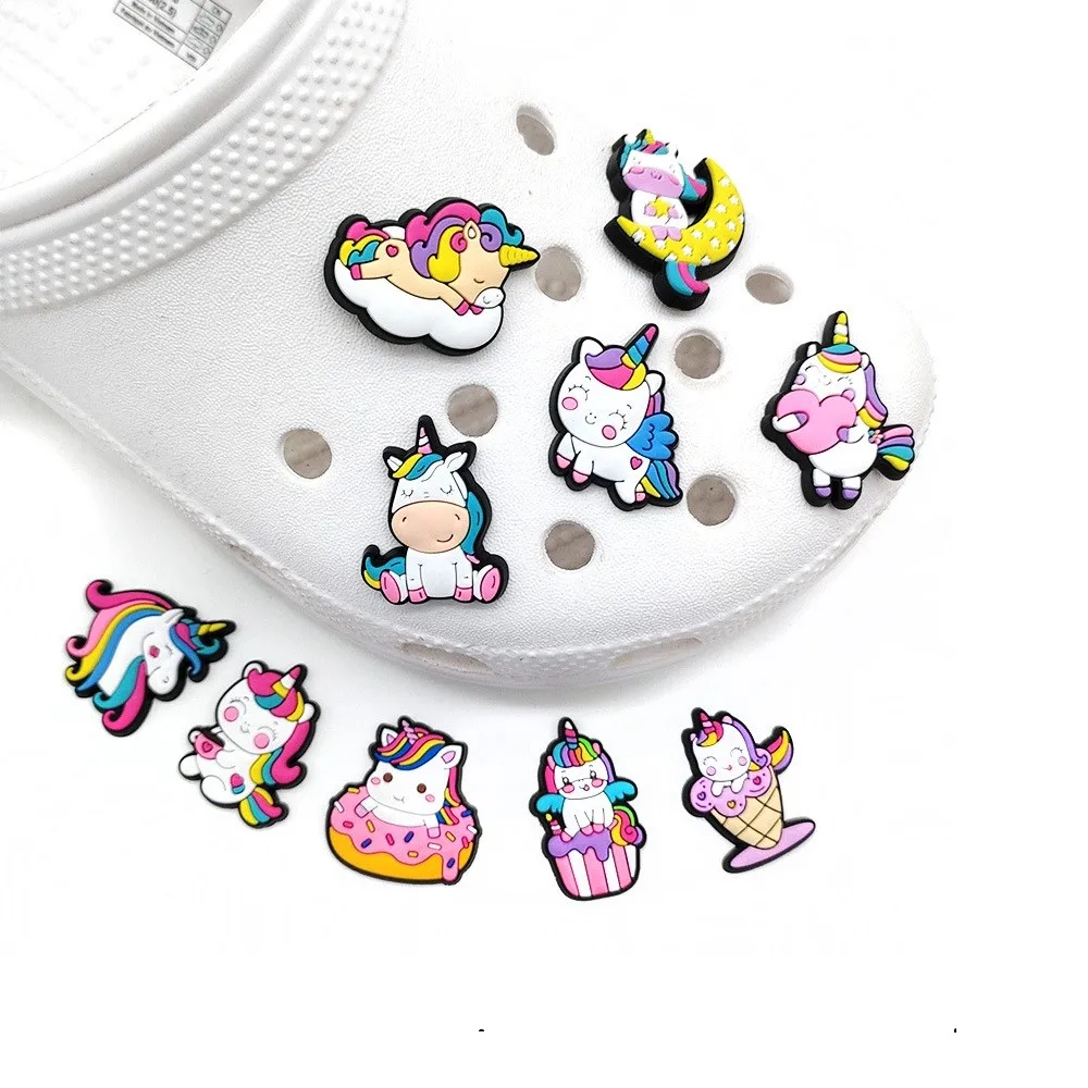 

10Pcs Cartoon cute Unicorn Rainbow Horse Series Shoe Charms PVC Shoe Charms Hole Shoes Ornaments Sandals Accessories Kid Gift