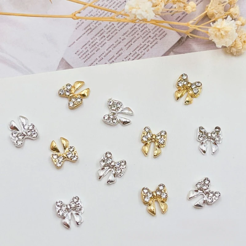 

10Pcs Nail Gold/Silver Bowtie Shaped Charms Metal Bowknot Nail Crystal Rhinestones For Alloy Nail DIY Accessories