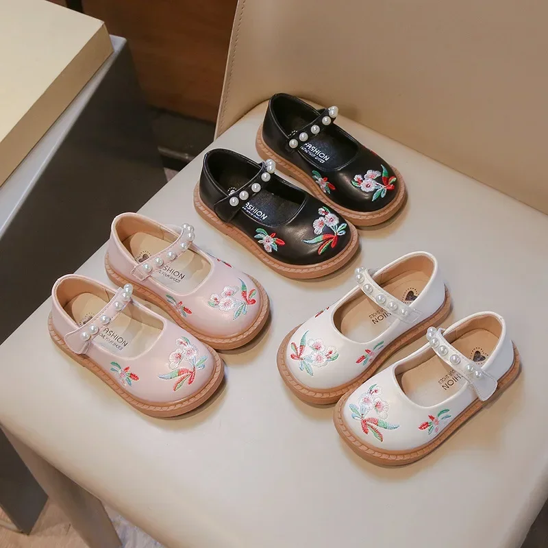 

School Student Spring Autumn New Girls' PU Leather Shoes Embroidery Girl Baby Children's Pearl Soft Sole Fashion Loafer