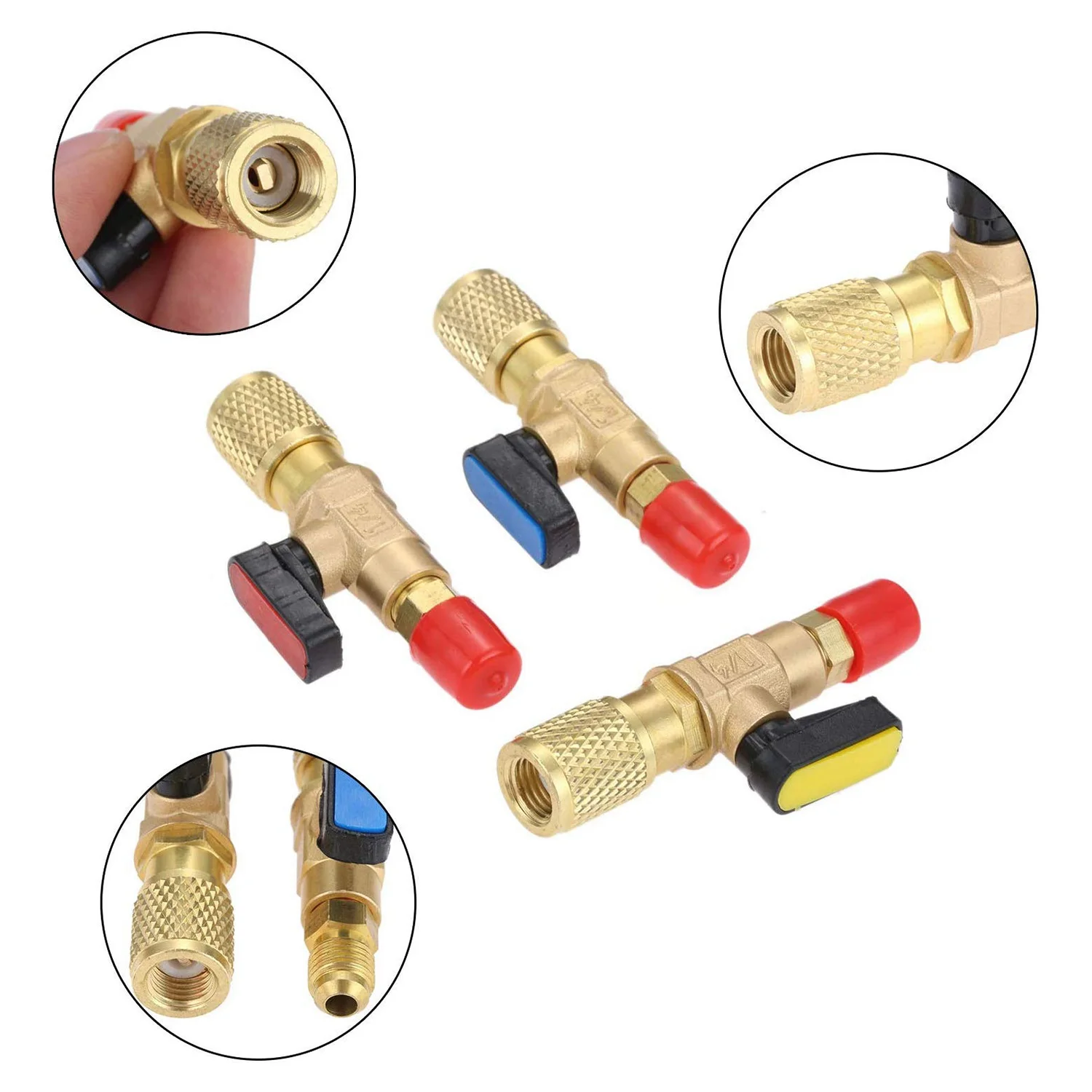 ABHI-3Pcs/Set Brass R410A Refrigerant Straight Ball Valves AC Charging Hoses Brass 1/4 Inch Male To 1/4 Inch / 5/16 Inch Female
