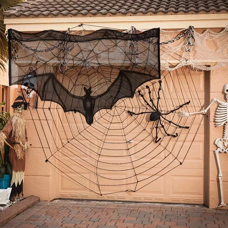 1 Stück Halloween-Spitzenvorhang, schwarzer Fledermaus-Spinnen-Tischdecken-Schornsteinmantel-Schal, Halloween-Dekoration für Zuhause und Zimmer, Spinnennetz-Horror-Dekoration – Detail 6