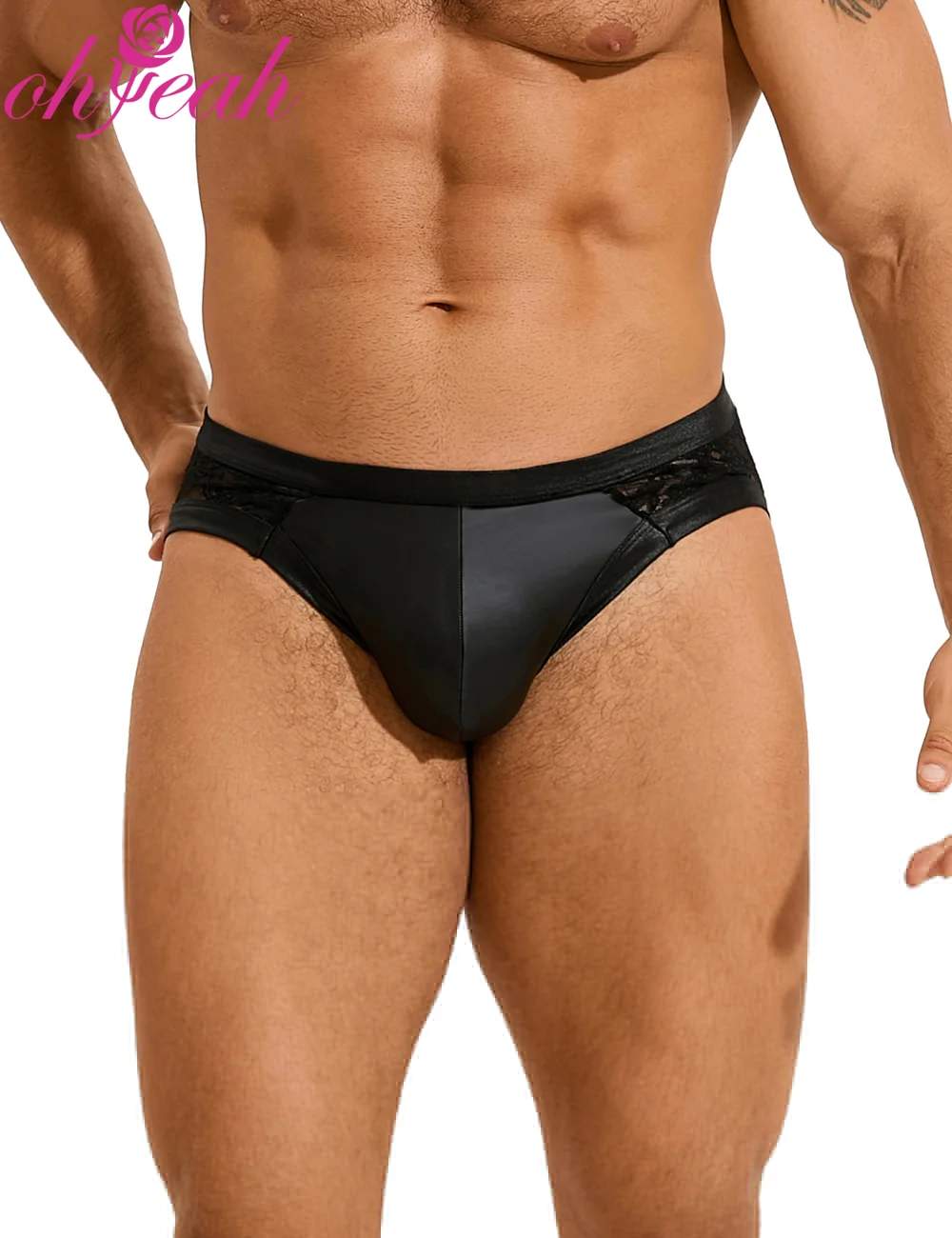 Ropa Interior Masculina de Encaje de Cuero PU Negro, Calzoncillos Triangulares Sexys con Bolsa en Forma de U, Elásticos y Ajustables, Talla Grande