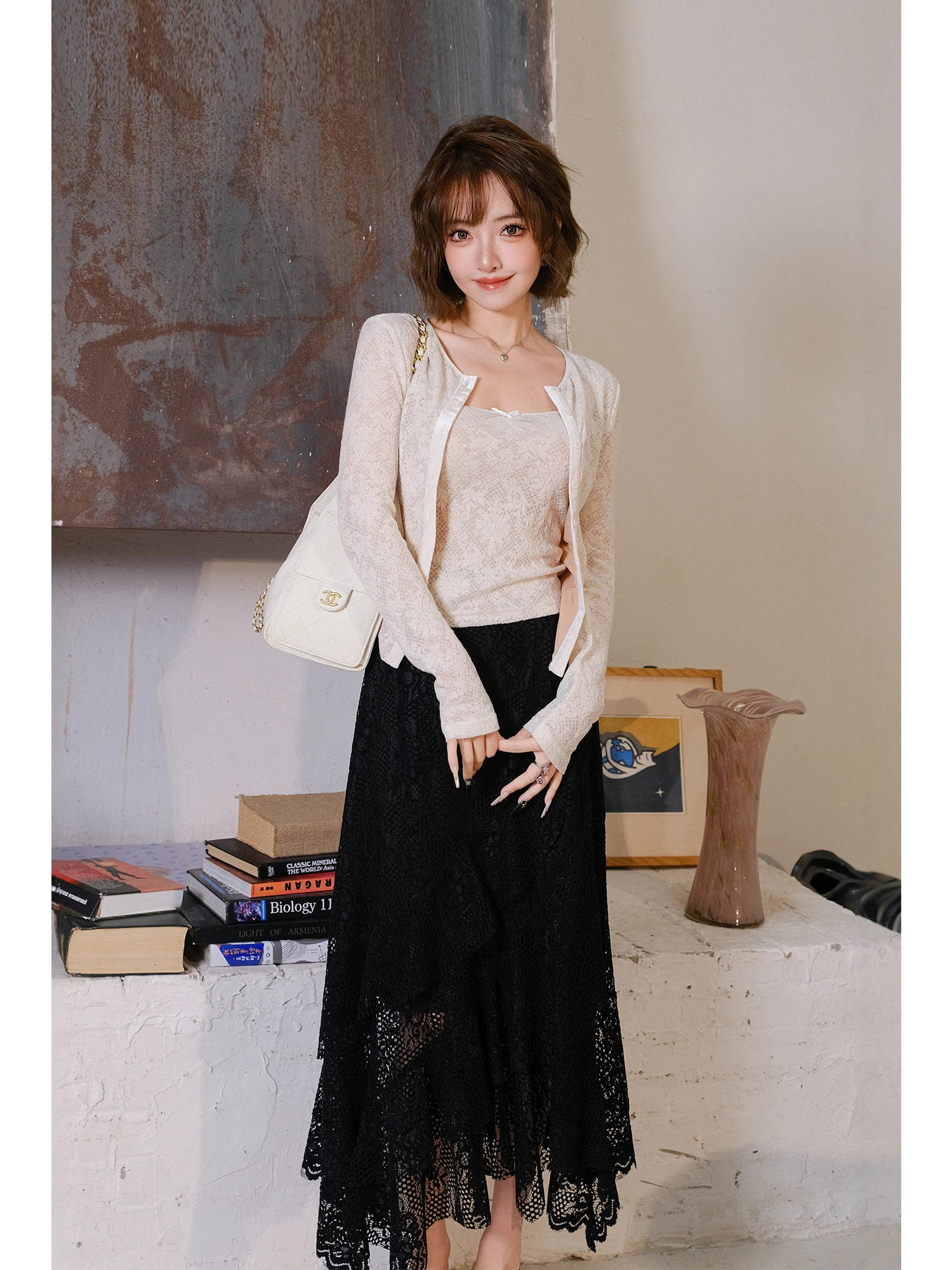 

New Arrival Lace Long Sve Open Cardigan Two-Piece Set Thin Fit Knitted Top with Vest Women's Spring Faion MIUCO Brand