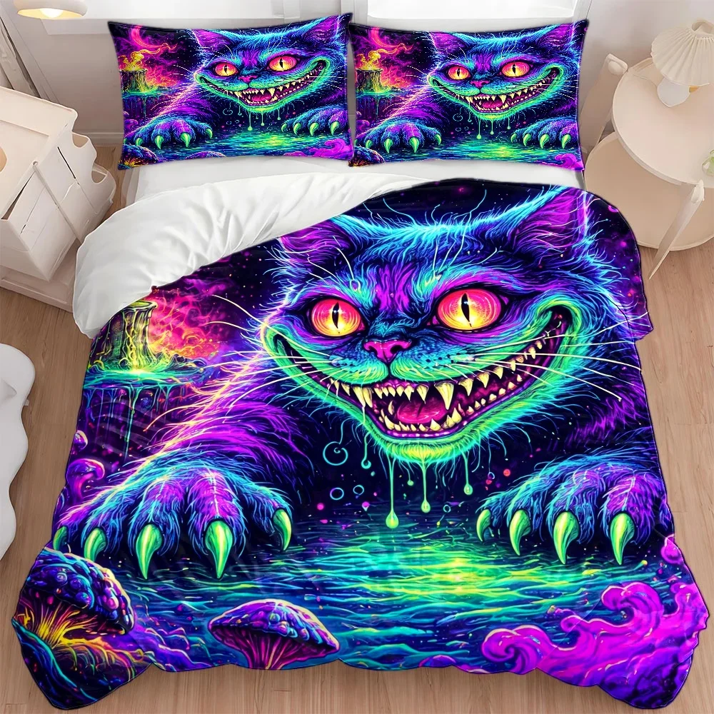 3Pc Psychedelic Cheshire Cat Themed Duvet Cover Set, Three-Piece Bedding Set (1*Duvet Cover + 2*Pillowcases), Large Double Bed Cover Set, Suitable for All Seasons, Machine Washable, Suitable for Home, Dormitory, Master Bedroom, Guest Room, Invisible Zipper Design, Specially Designed for Neon Art Style Bedding Sets, Personalized Trendy Bedroom Decoration Duvet Cover Set, European and American Style Colorful Fantasy Cat Pattern Bedding Set, 2D Flat Print
