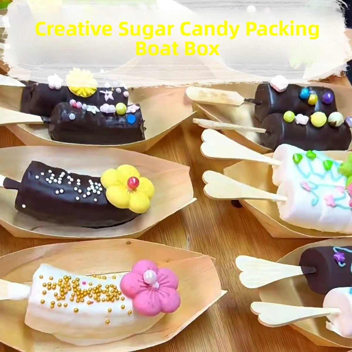 

Disposable Commercial Sugar Coated Fruit on Stick Packaging Box Creative Wooden Utensils Open Mouth Boat Shaped Snack Box