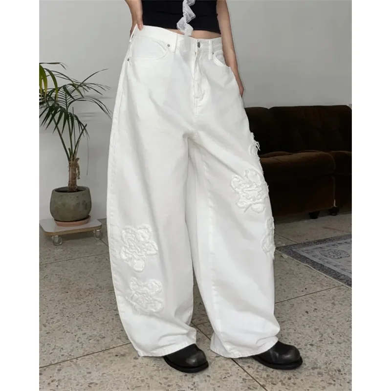 

2026 New Chic Embroidered Flower Loose Wide Leg Pants Korean Style Casual Jeans High Waist Cotton Blend Machine Washable