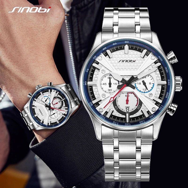 

SINOBI New Arrival Fashion Mens Watches Chronograph Calender Casual Man's Quartz Wristwatches Luminous Hand Male Stainless Clock