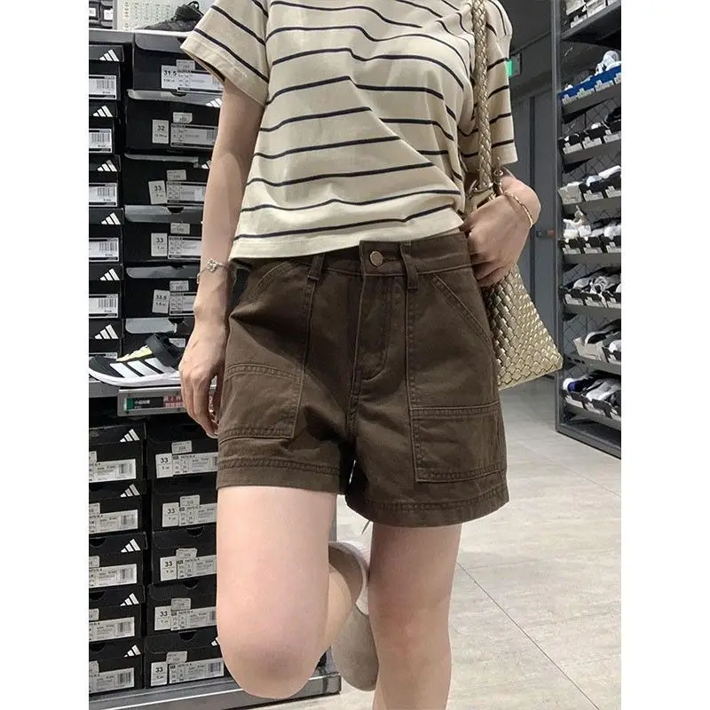 American Retro Coffee Color Casual Cargo Denim Shorts Women's Summer New High Waist Spice Girl A Word Hot Pants