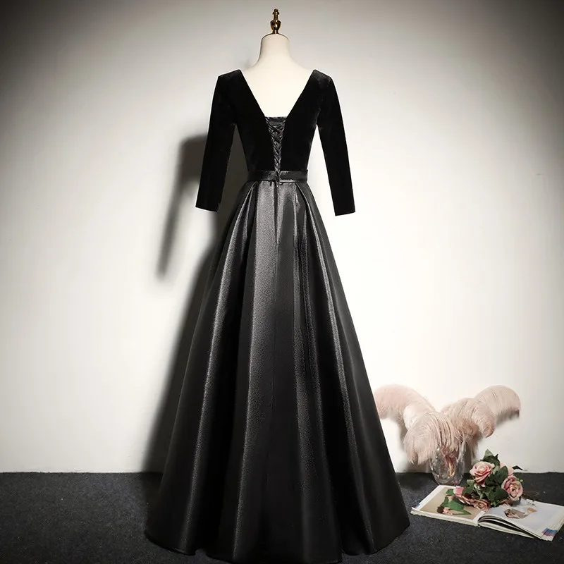 Robe de soirée plissée en velours noir pour femmes, rétro, Sexy, manches longues, col carré, taille haute, queue de poisson, nouvelle collection automne hiver