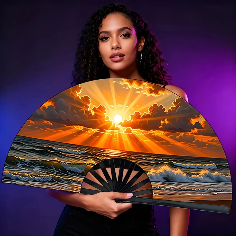 Coastal Sunset Wave Folding Fan, Sunset Coastal Handheld Fan, Warm Wave Printed Folding Fan, Seaside Sunset Folding Fan| Summer Beach Vacation| Photo Prop Fan| Dance Performance Fan| Women'S Folding Fan