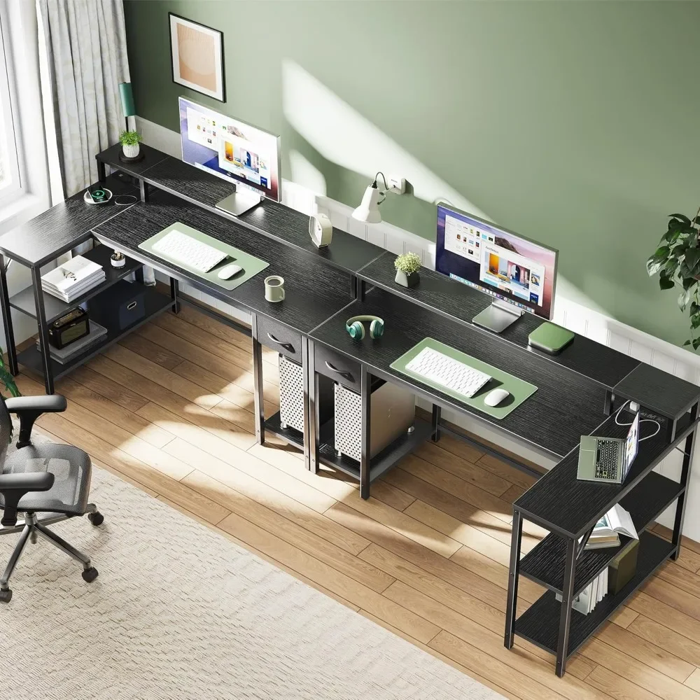 Bureau réversible en forme de L avec lumières LED et prises de courant, bureau d'ordinateur avec étagères et support de moniteur, 53 pouces