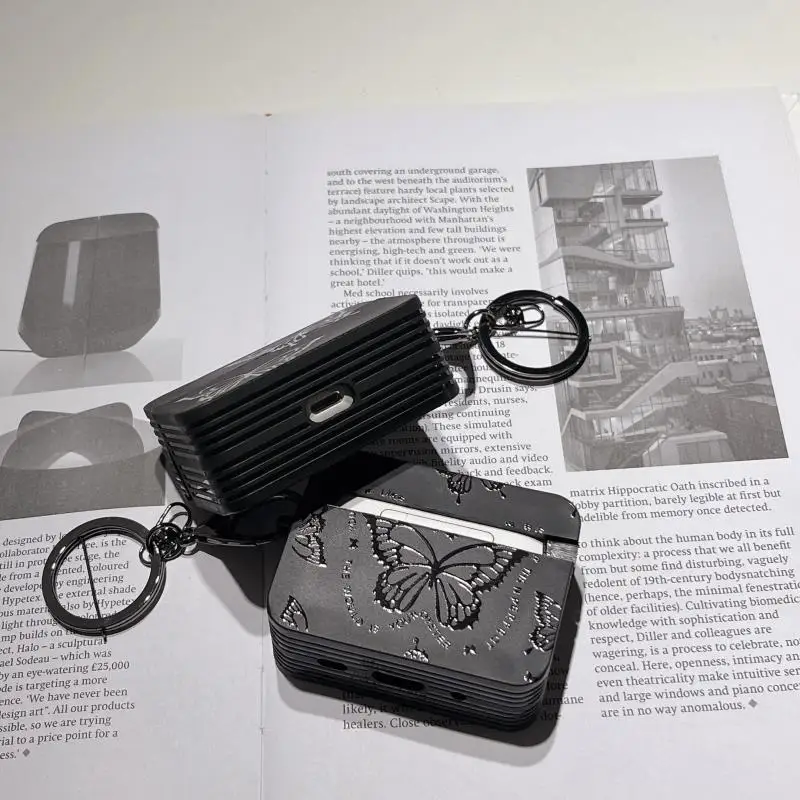 For Airpods Pro 2 3 1 4 Cases Luxury Butterfly PU Leather Black Matte Earphone Case With Keychain Shell Soft Protective Cover