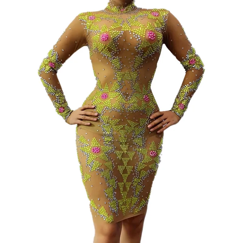 Sexy Shiny Rhinestones Transparent Bodycon Dress Women Singer Host See Through Stage Costume Birthday Prom Party Short Dress