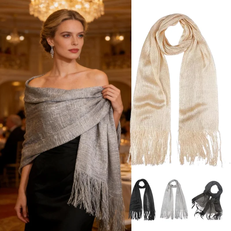 Chal Brillante para Mujer - Bufanda Metálica con Flecos para Fiestas Nocturnas, Bodas y Eventos Formales, Chal Pashmina con Flecos Brillantes