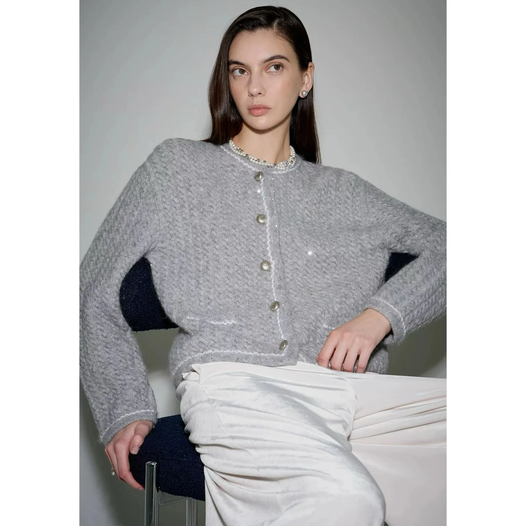 

Ele round Ne сверкающий шерстяной вязаный кардиган универсальный для поездок на работу Sle лимонный сыр LAN25 зимний модный женский свитер