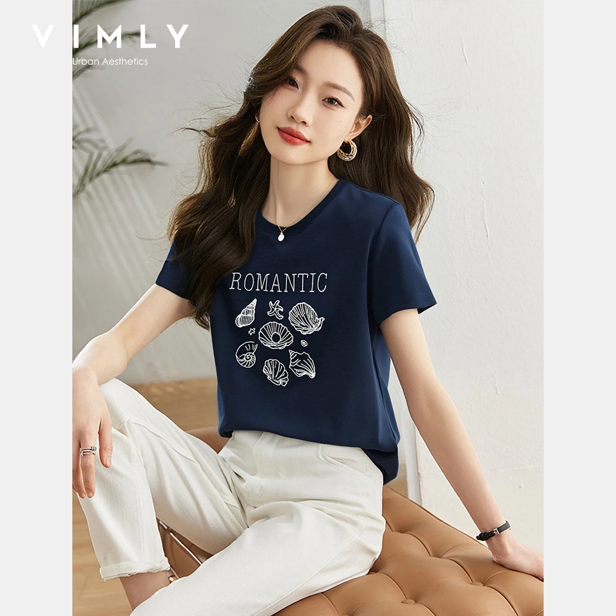 

VIMLY Fun Shell Embroidered Short-sleeved T-shirt Women's 2025 Summer New Loose and Versatile Front Shoulder Crew Neck Top A1860