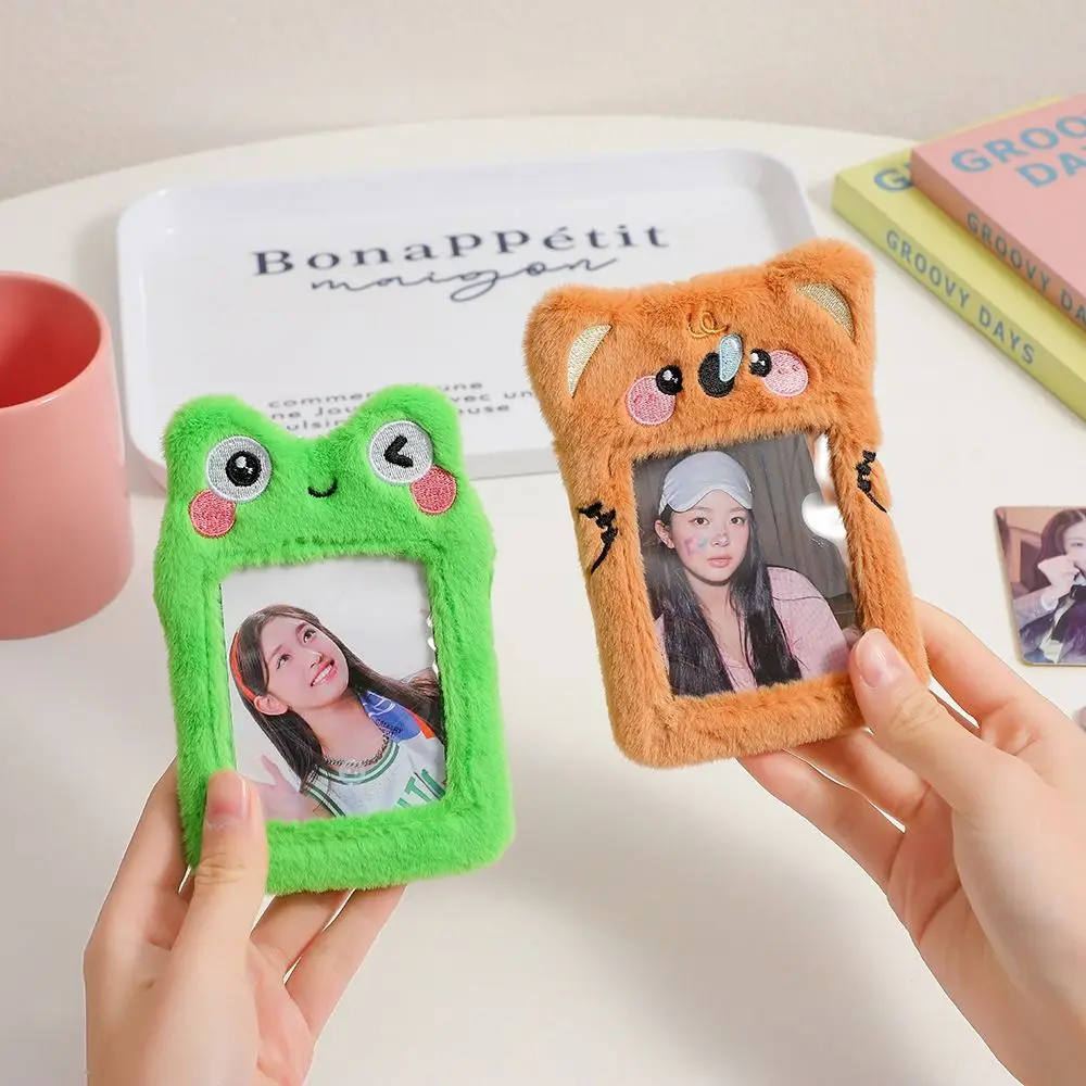 

Solid Color Plush Photocard Holder Ins Mini Animal Card Protector Case with Keychain Korean Style Kawaii Card Cover Lady