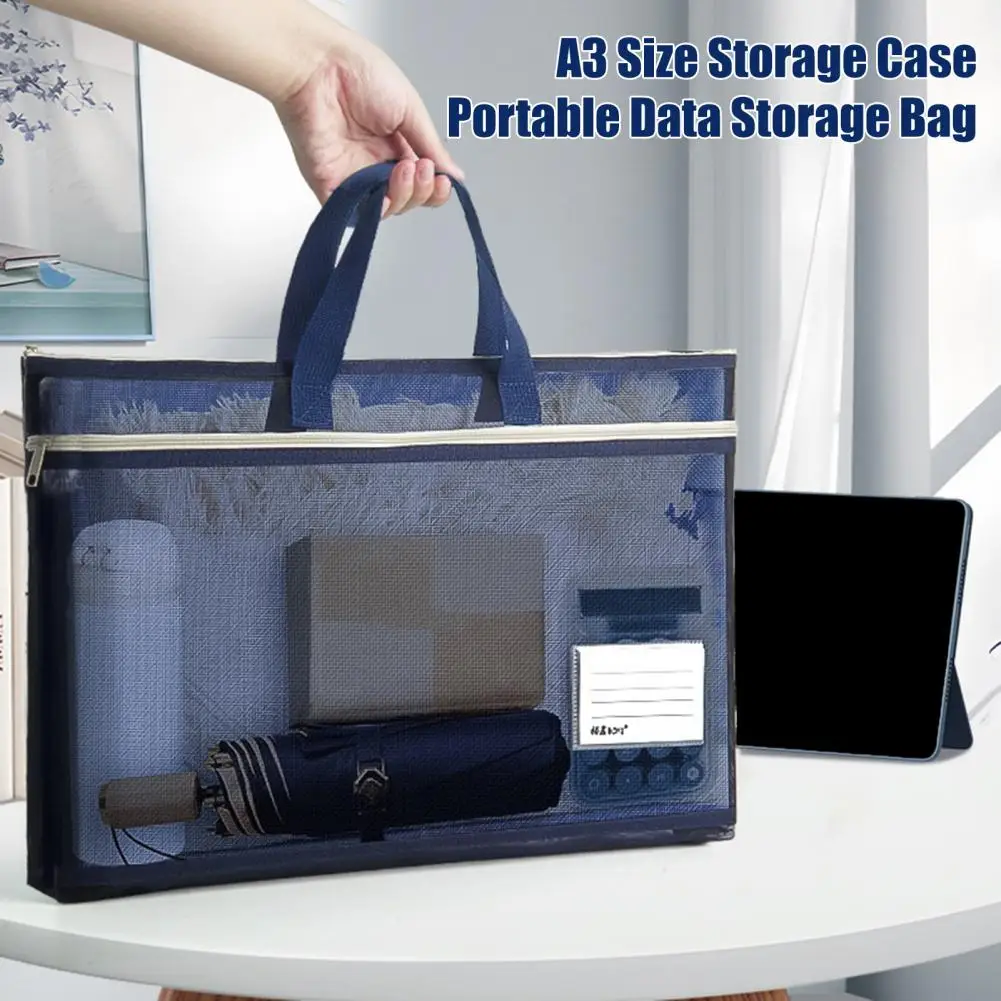 A3 Mesh Zipper Art Portfolio Bag With Widened Hand Strap Large Capacity Zipper Full-Opening Transparent File Bag Water-Repellent