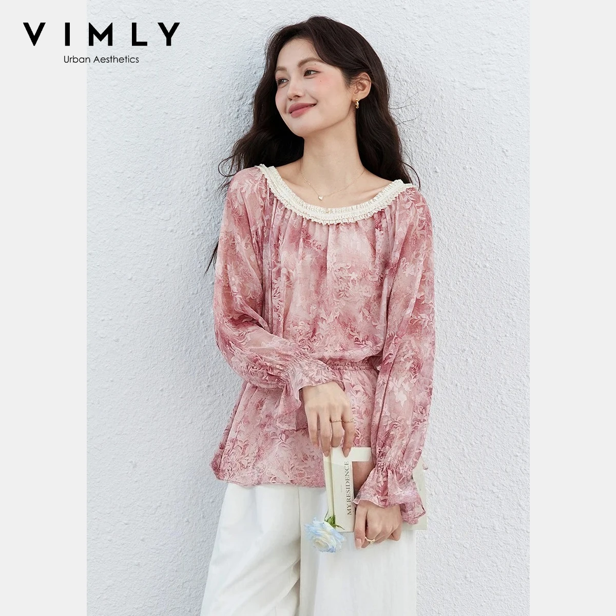 

Женская розовая шифоновая блузка VIMLY с цветочным принтом, новинка весны 2026, для отпуска, с открытыми плечами, оборками, эластичной талией, длинными рукавами, модель A5078