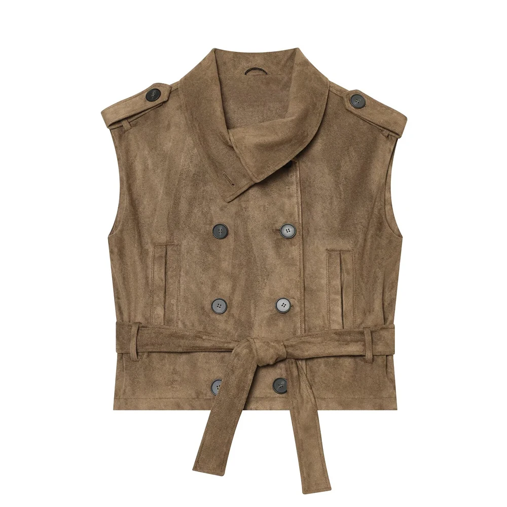 KONDALA Chic 2026 Wildleder Khaki Damenweste Streetwear mit Gürtel und Taschen Vintage Gerade Weste Einreihig Damenmode Oberbekleidung – Detail 2