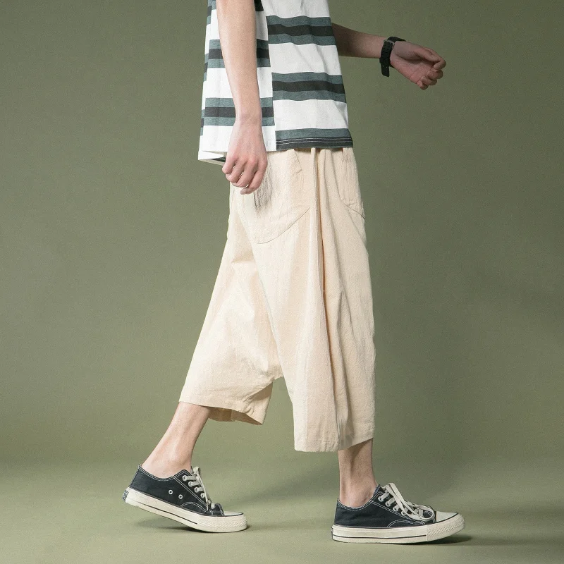 Chinoiserie Cotton Linen Loose Plus Size Baggy Crotch Pants Summer Japanese Harajuku Casual Cropped Trousers Men Clothing