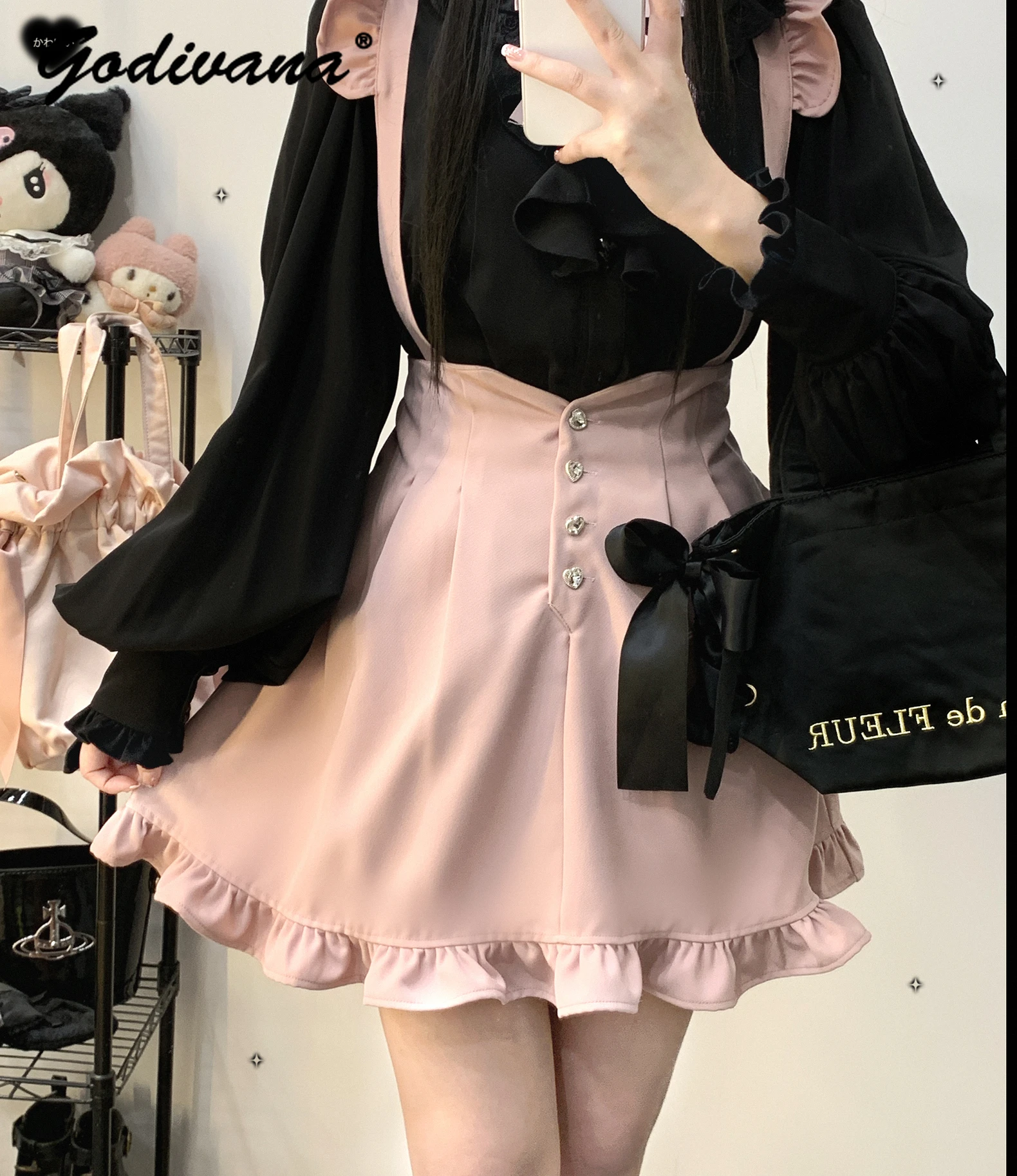 

Single-Breasted Ruffled Suspender Skirt Spring and Autumn New Lady Girls Solid Color Sweet High Waist Straps Short Skirt Pants