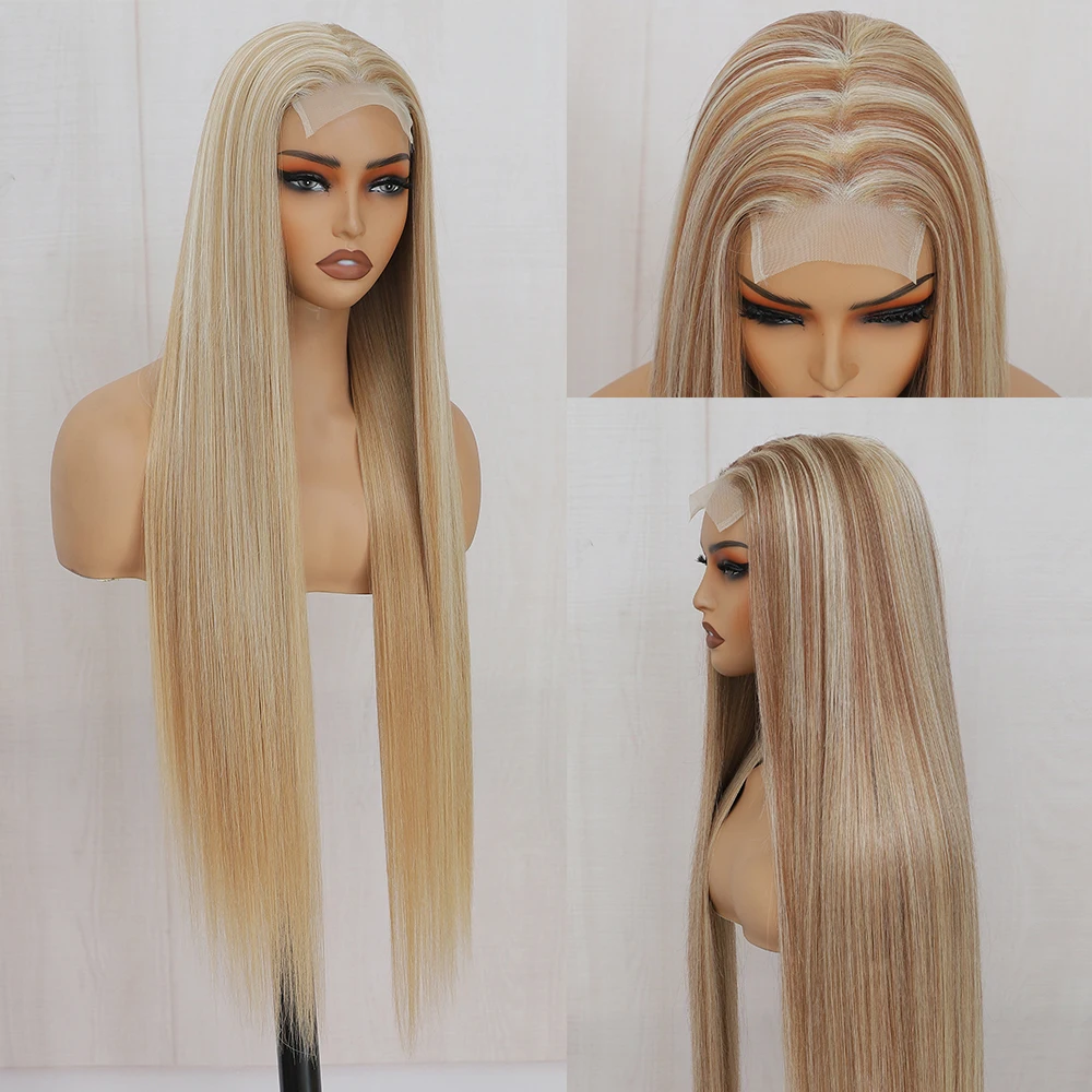 

Выделите 4X4 синтетические парики фронта шнурка для женщин 36 дюймов шелковистые прямые 180% плотность Ombre блондинка коричневый парик шнурка