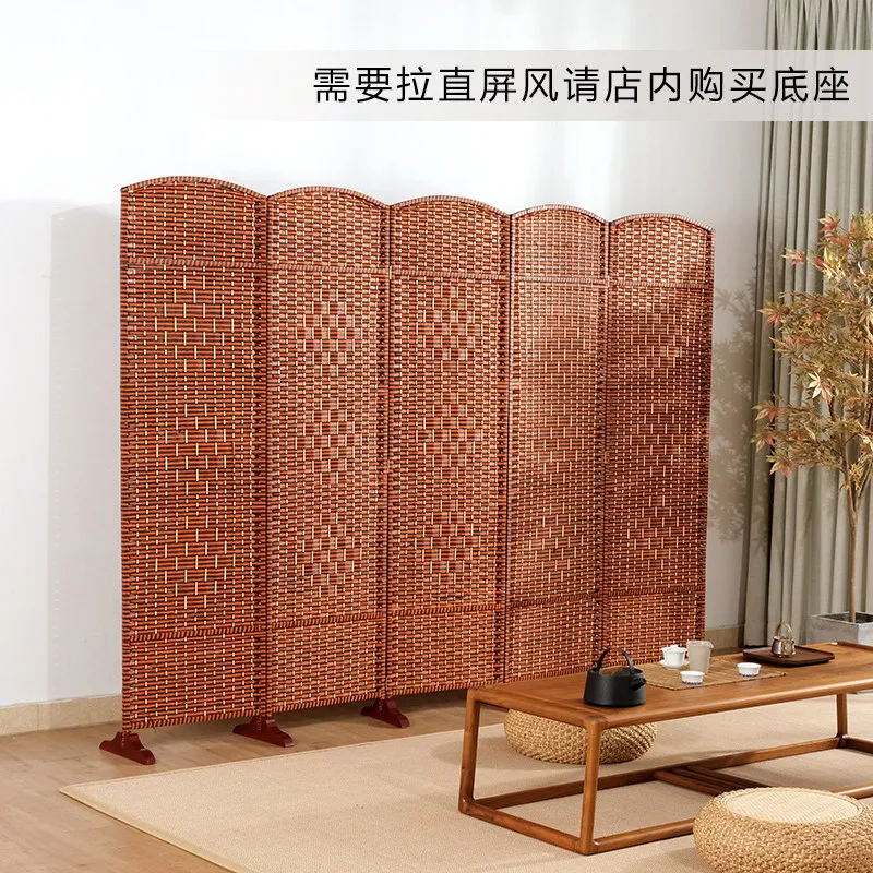 Folding straw screen, modern minimalist partition, mobile solid wood screen simple home bedroom, screen cover