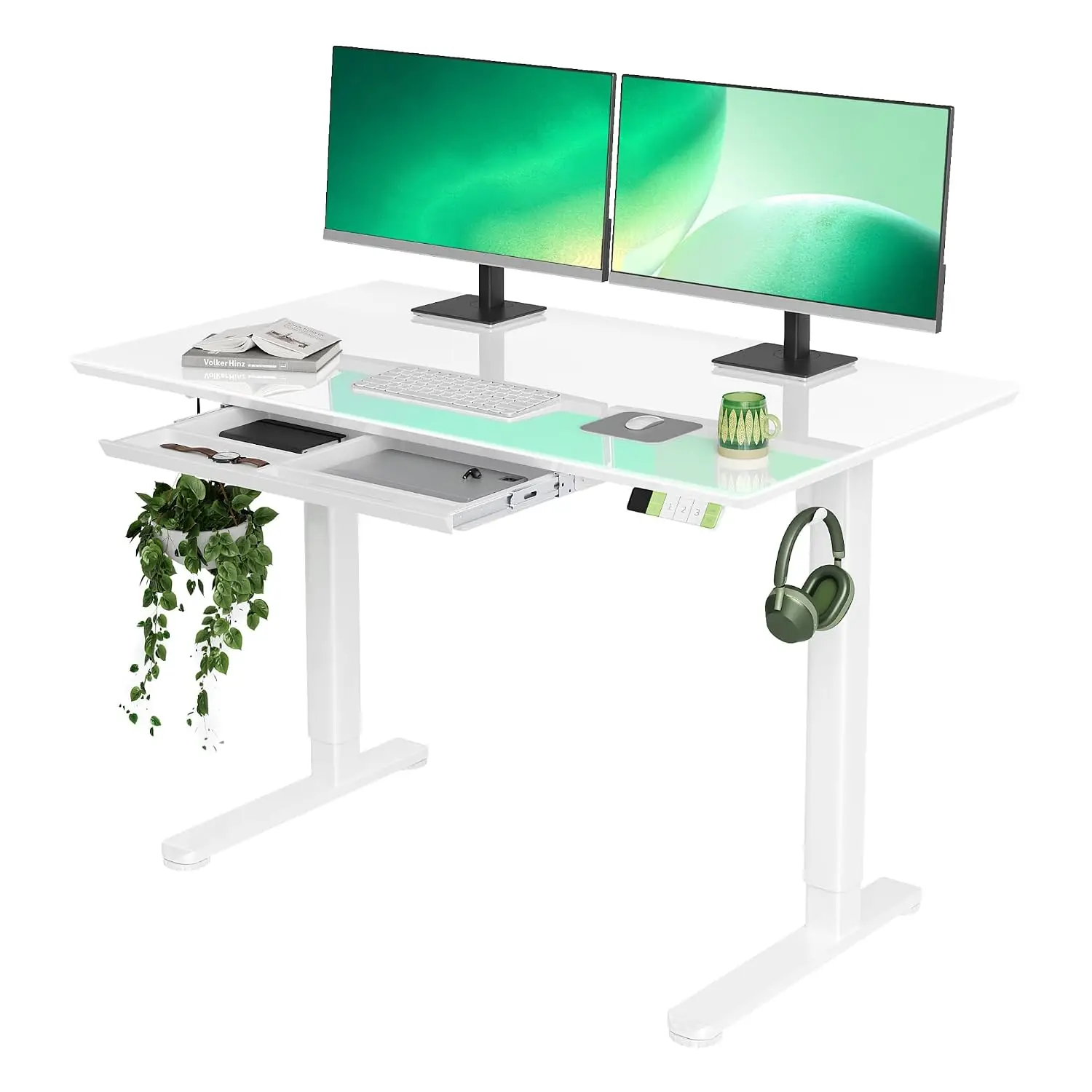 Glass Standing Desk with Drawers 48×24 Inch Super White | Tempered One-Piece Glass Top, Ergonomic, Smooth Height, Customized