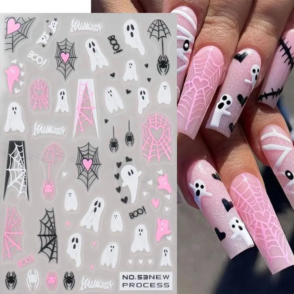 Adesivos para unhas fantasma rosa de Halloween – Decalques DIY para arte em unhas com designs assustadores: esqueletos, morcegos, fantasmas rosa e teia de aranha