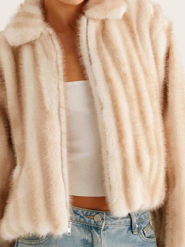 

Women Fashion Street Zipper Outercoats Elegant Soft Faux Fur Coat For Winter Casual Long Sleeve Solid Color Loose Short Jackets
