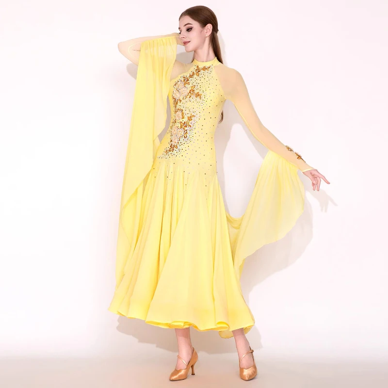 فساتين قاعة الرقص القياسية للنساء تصميم جديد أصفر حديث الفالس المنافسة الرقص تنورة الكبار أنيقة فستان رقص قاعة الرقص #3