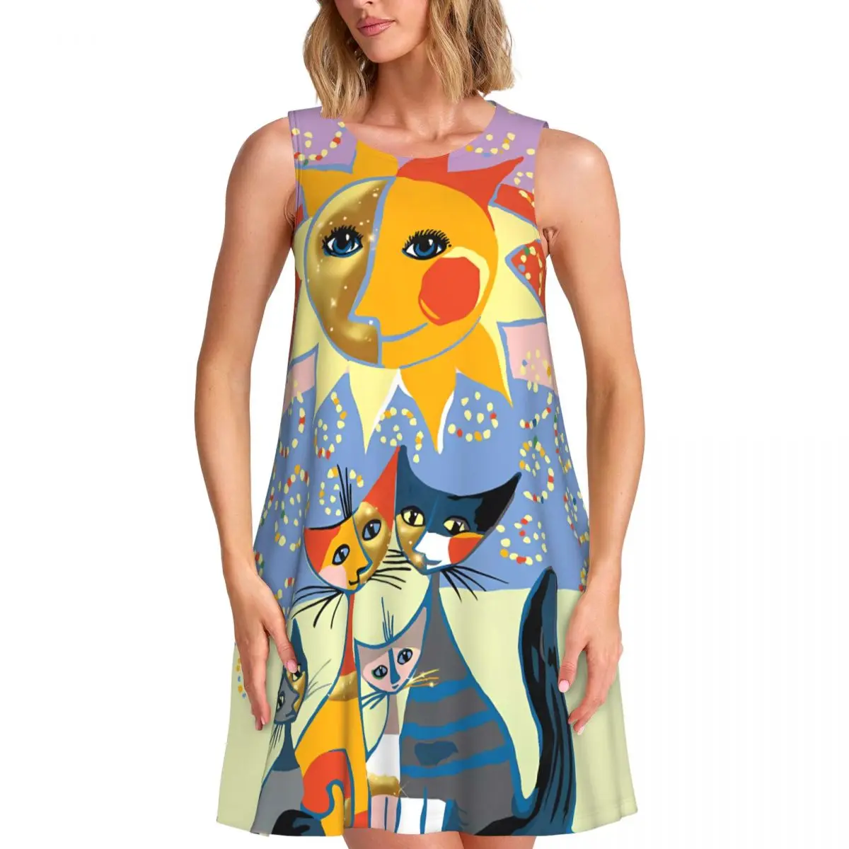 Abstract Sun And Cat Dress Animal Print Modern Dresses Womens Sleeveless Basic Tank Dress Daily Graphic Oversized Clothes