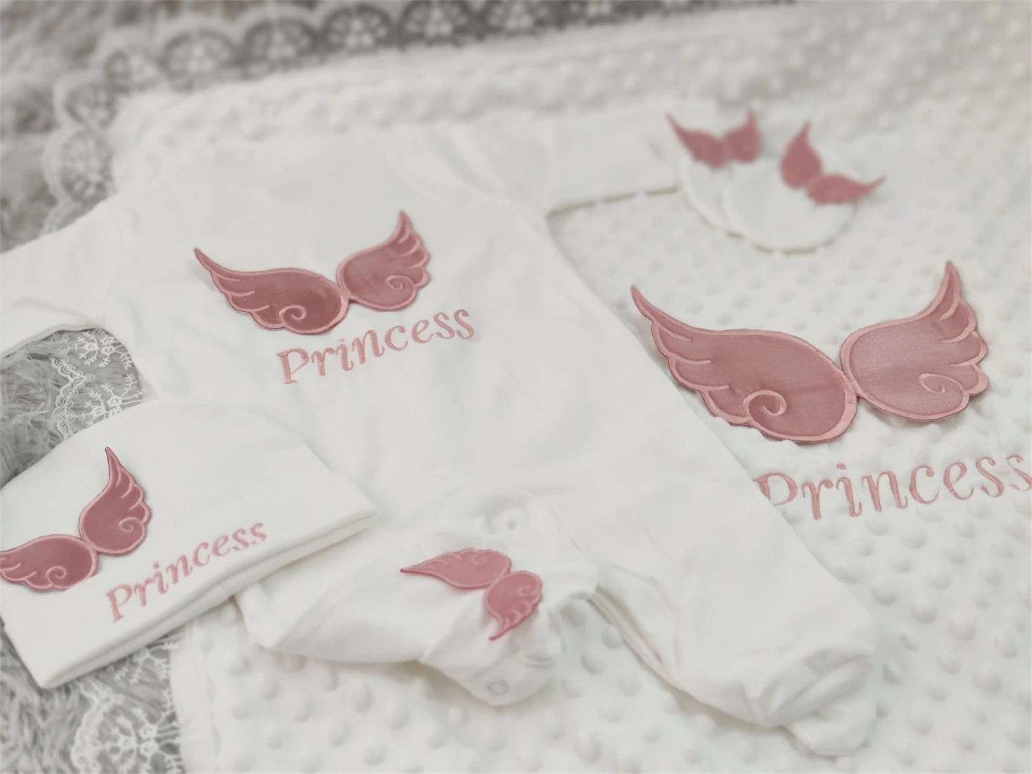 Graceful Soft Pink Angel Embroidered Baby Footed Romper Matching Hat Socks Lace Bubble Blanket Newborn Keepsake Gift