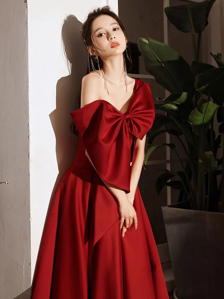 

Ele Red Wedding Dr Women's Morning Robe Engagement Dinner Par Long Skirt ort Sve Middle Waist Single oulder