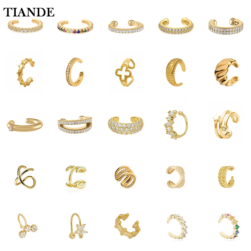 TIANDE 1PC Gold Color Clip Earrings for Women CZ Zircon Fake Piercing Ear Cuff Women\'s Earrings 2023 Fashion Jewelry Wholesale