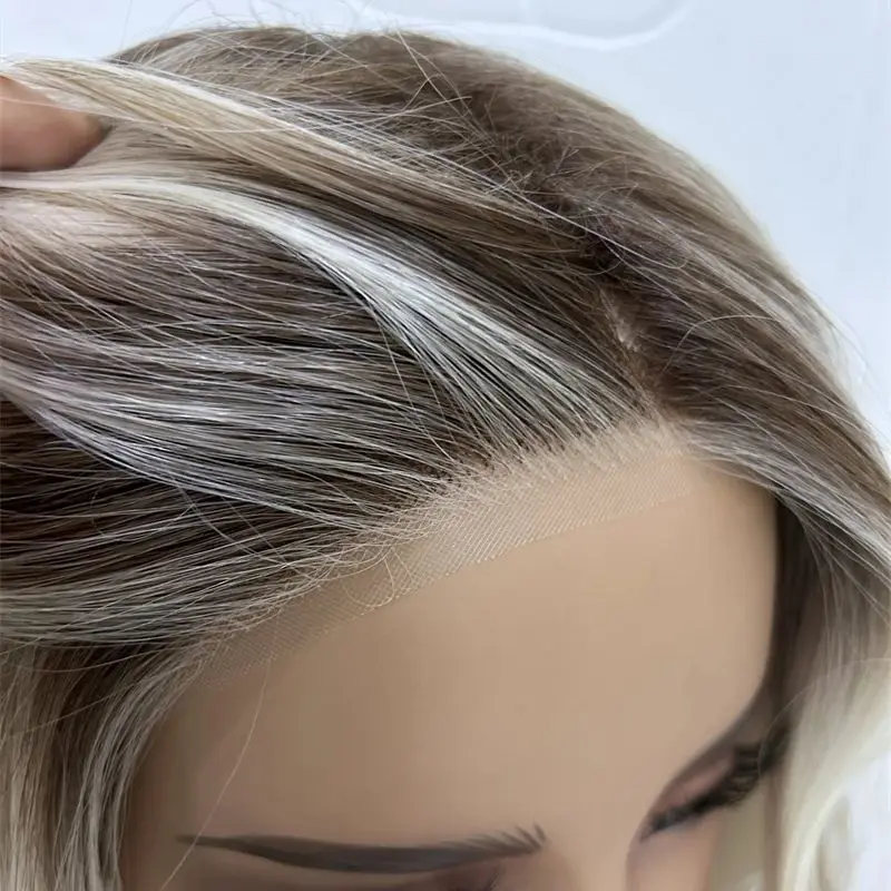 

Women's Wig Ombre Ash Platinum Blonde Highlights Synthetic Lace Front Wig Blend Human Hair High Quality Wig Glueless Hairline