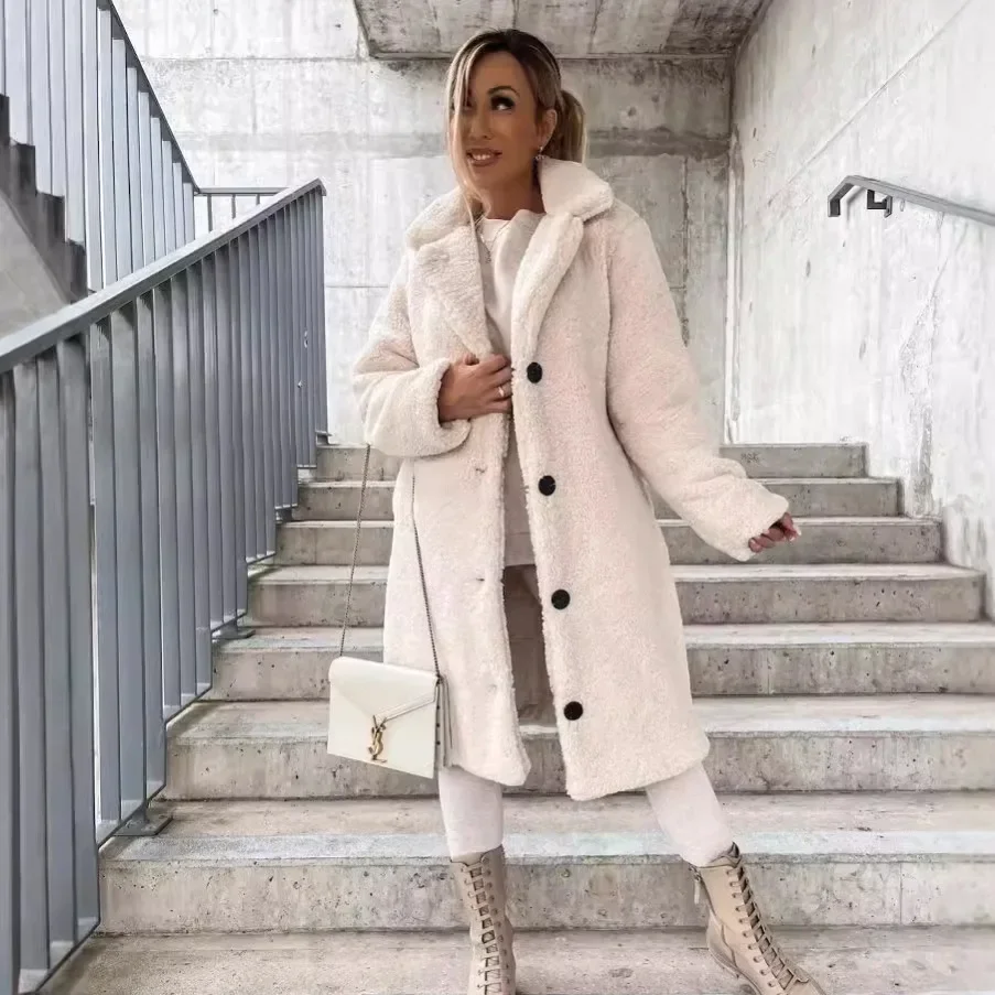 

Autumn Winter Mid-Length Fur Collar Button-Up Outerwear Regular Type Women's Fashion Coat Thickened Polyester Fiber