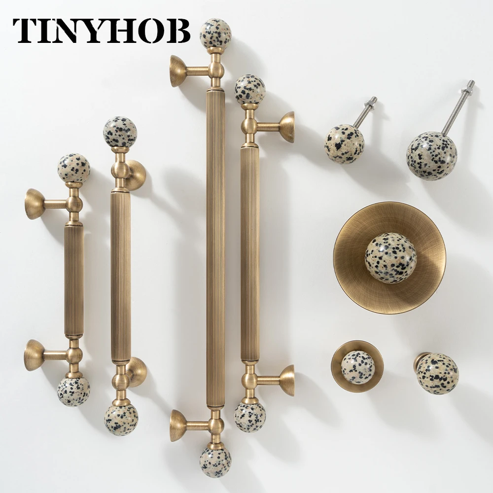 Solid Brass Fluted Bar Handle with Natural Dalmatian Speckled Stone Ball End Knob Cabinet Drawer Pull Furniture Hardware 224MM