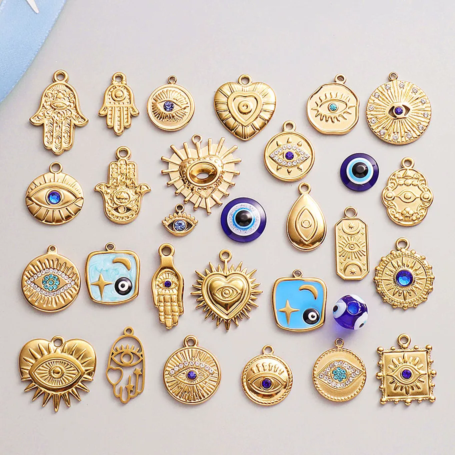 6 Stück echt vergoldete blau/dunkelblaue Strass-Böser-Blick-Anhänger aus Edelstahl, türkische Augen-Charms für Schmuckherstellung. – Detail 1