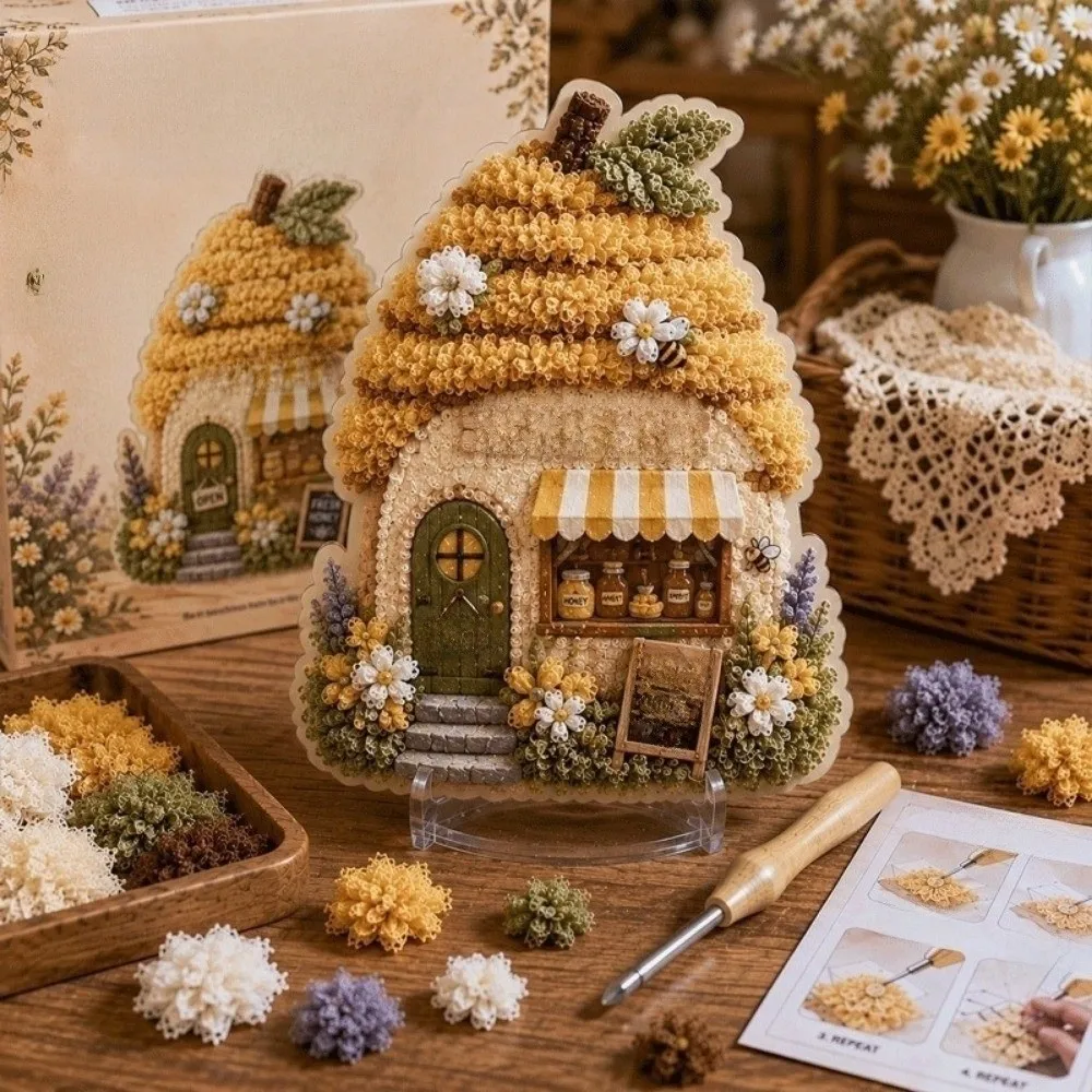House Scene Poke Art Kit Mushroom Cottage Easy Make Textile Art Kit No Sewing Thick Board DIY Needle Craft Desktop Display