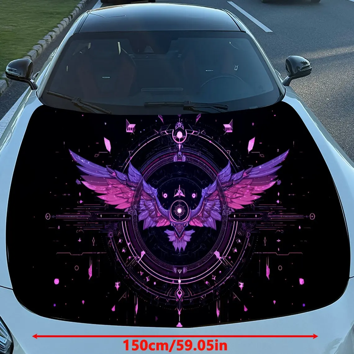 Purple Winged Sci-Fi Holy Emblem Car Vinyl Wrap, PVC Material Waterproof Car Hood Sticker, Self-Adhesive Scratch-Resistant Stick